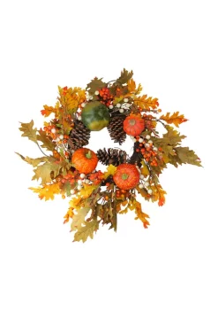 Gordon Companies Fallen Leaves with Pine Cones and Pumpkins Artificial Thanksgiving Wreath Orange 24- inch