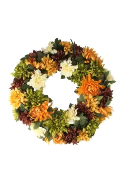 Gordon Companies Autumn Orange and Green Chrysanthemum Artificial Thanksgiving Wreath - 19.5- inch Unlit