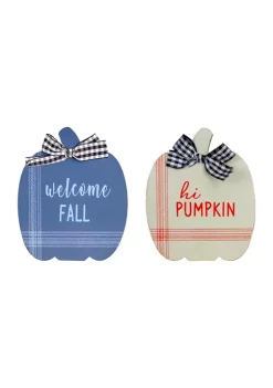 Gordon Companies Set of 2 Blue and Beige Fall Harvest Wooden Pumpkin Welcome Plaques 8 inch