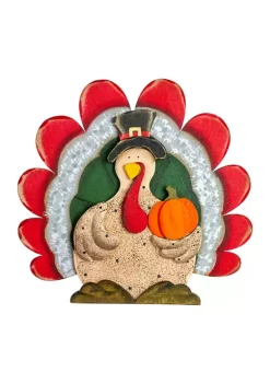Gordon Companies 9.75 Inch Wooden Turkey with Pumpkin Thanksgiving Decoration